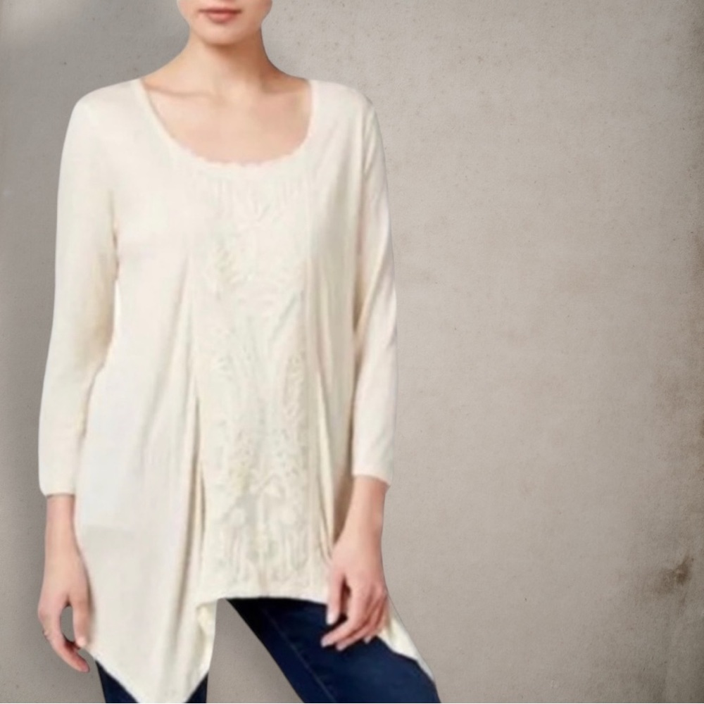 Style & Co. Cream Lace Trim Insert Asymmetrical Handkerchief Boho Tunic Top